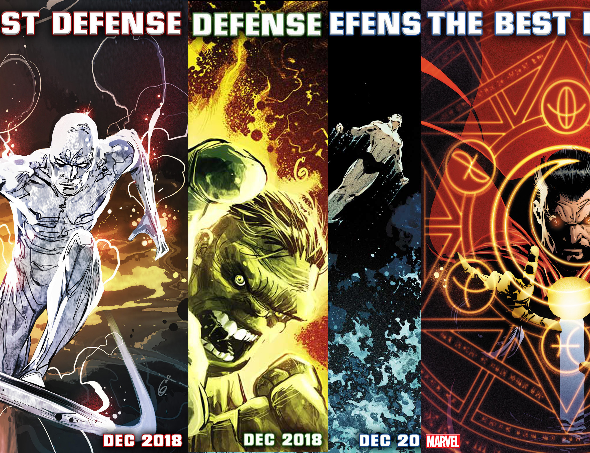 Marvel teases "The Best Defense" with character splash pages of Silver Surfer, Hulk, Namor, and Doctor Strange