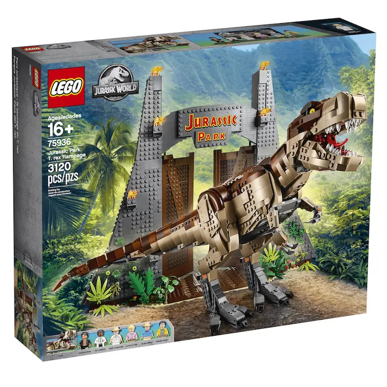 First Look: Jurassic Park: T. rex Rampage featuring minifigures, the iconic gate, and T-Rex