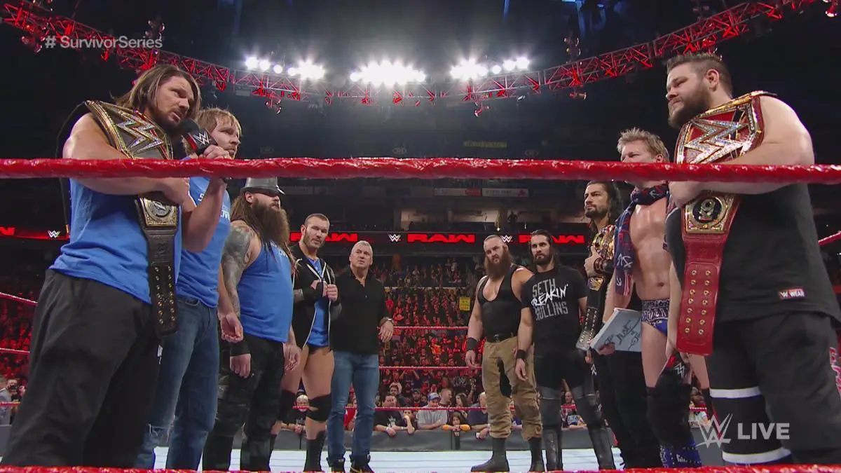 Team SmackDown Live and Team Raw face off prior to their Survivor Series match on WWE Monday Night Raw, Nov. 14, 2016.