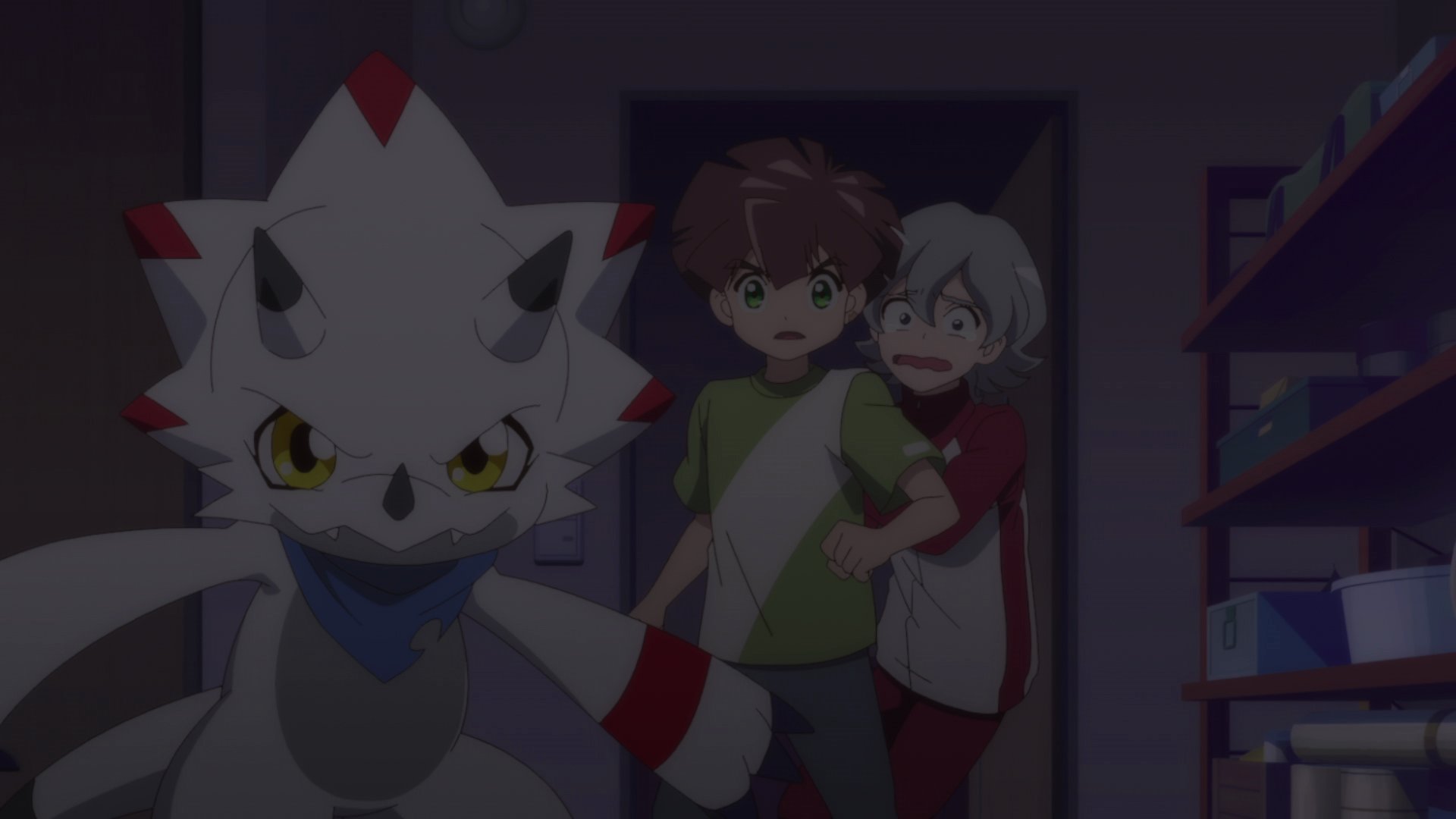 Digimon Ghost Game episode 23 screenshot: Gammamon guards Hiro and Kiyoshiro from attack.