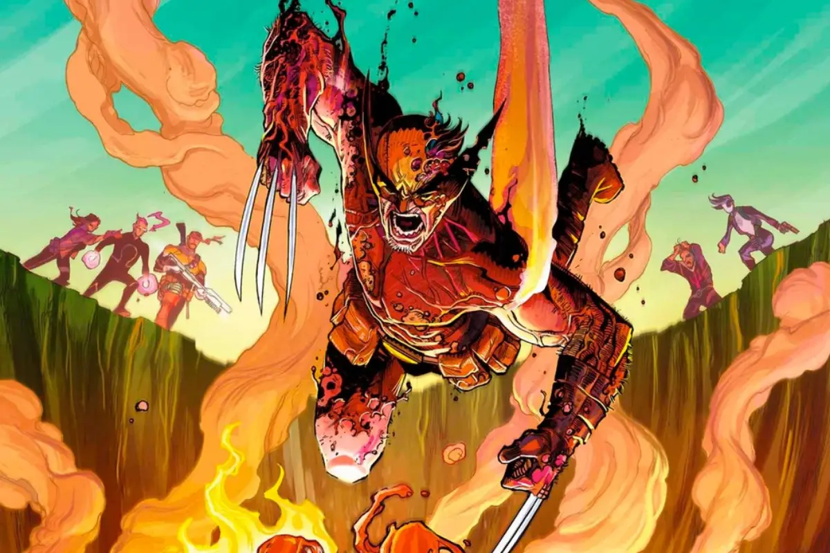 Wolverine on fire and going to stab a giant hand