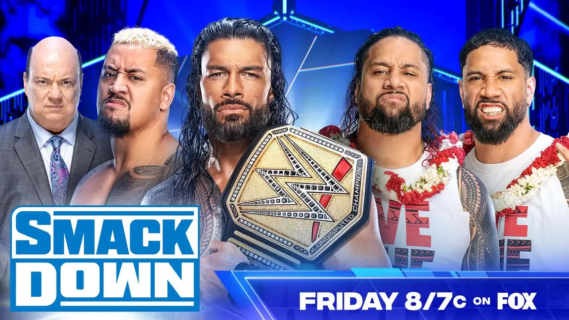 SmackDown banner graphic featuring Roman Reigns, Solo Sikoa, Paul Heyman, and the Usos