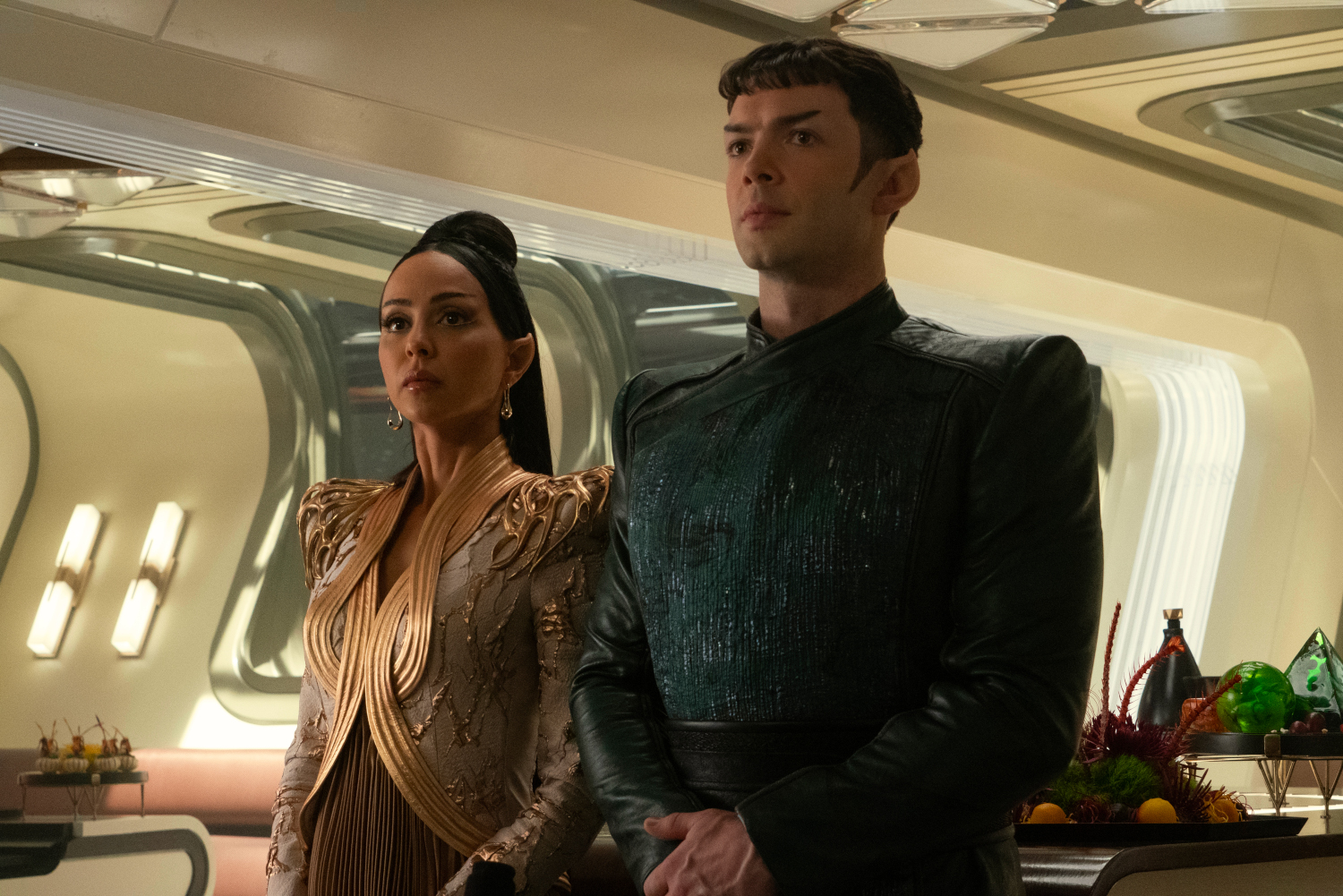 Gia Sandhu as T'Pring and Ethan Peck as Spock in episode 205 “Charades” of Star Trek: Strange New Worlds, streaming on Paramount+, 2023.