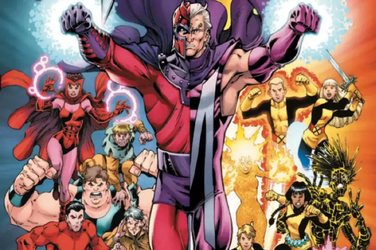 Magneto in front of the Brotherhood and the New Mutants