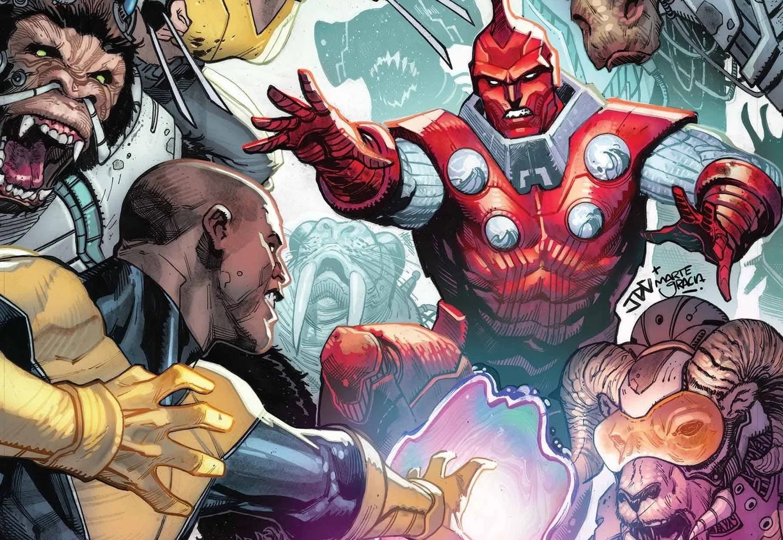 Synch and Talon fight the High Evolutionary and his Ani-Men on Cropped Cover of X-Men #30