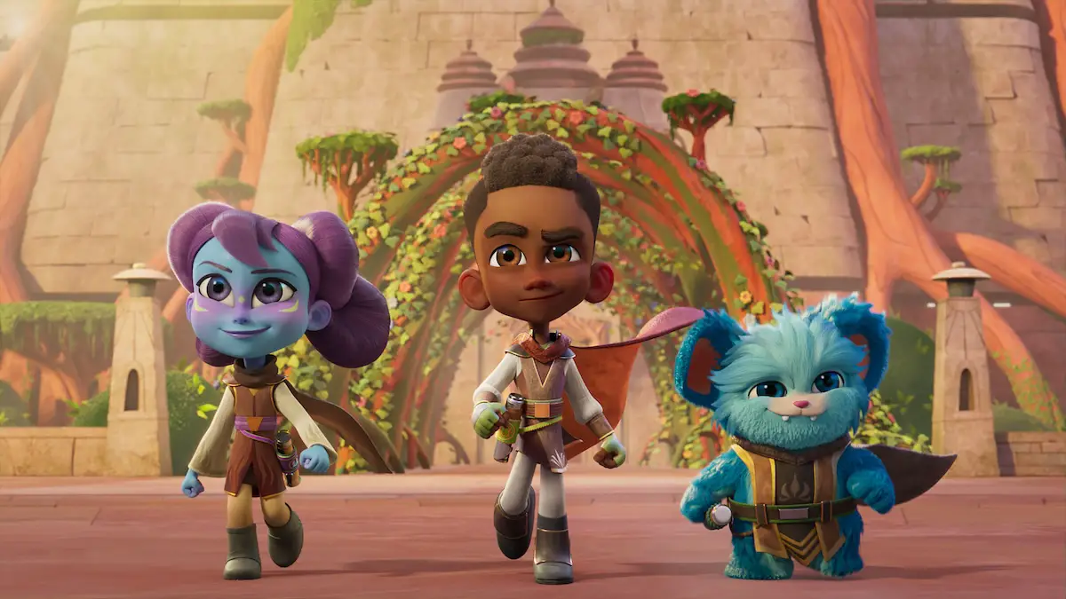 (L-R): Lys Solay (voiced by Juliet Donenfeld), Kai Brightstar (voiced by Jamaal Avery Jr.), and Nubs (voiced by Dee Bradley Baker) from "STAR WARS: YOUNG JEDI ADVENTURES (Season 2)",