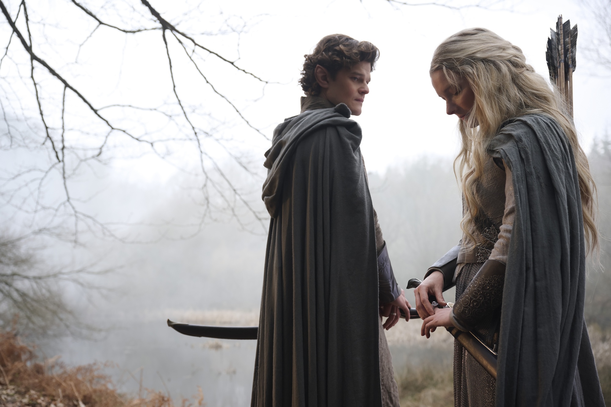the lord of the rings: the rings of power: Robert Aramayo as Elrond; Morfydd Clark as Galadriel