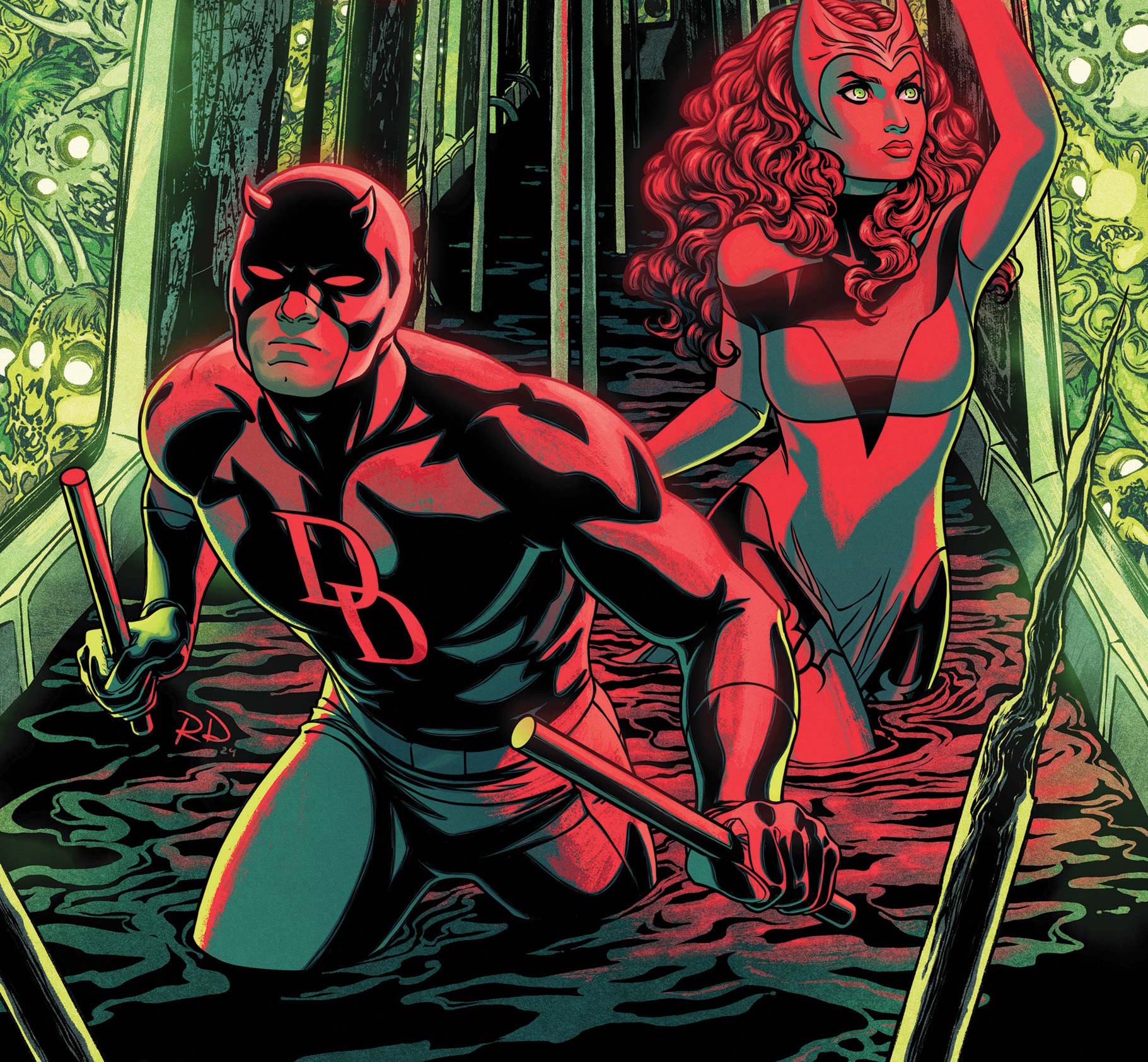 Daredevil and Scarlet Witch in a haunted subway on the cropped cover of Scarlet Witch #5 (2024)