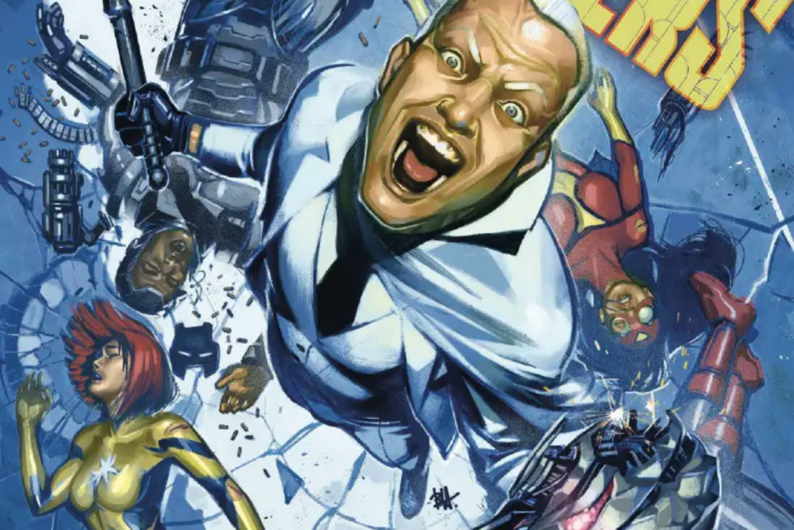 Cover for West Coast Avengers #5 featuring Flag-Smasher defeating the West Coast Avengers.
