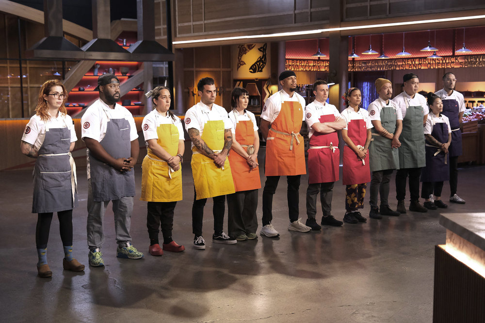 TOP CHEF -- "Line Cook for a Day" Episode 2205 -- Pictured: (l-r) Bailey Sullivan, Tristen Epps, Paula Endara, Massimo Piedimonte, Kat Turner, Corwin Hemming, Vincenzo Loseto, Lana Lagomarsini, Henry Lu, Shuai Wang, Katianna Hong, Cesar Murillo
