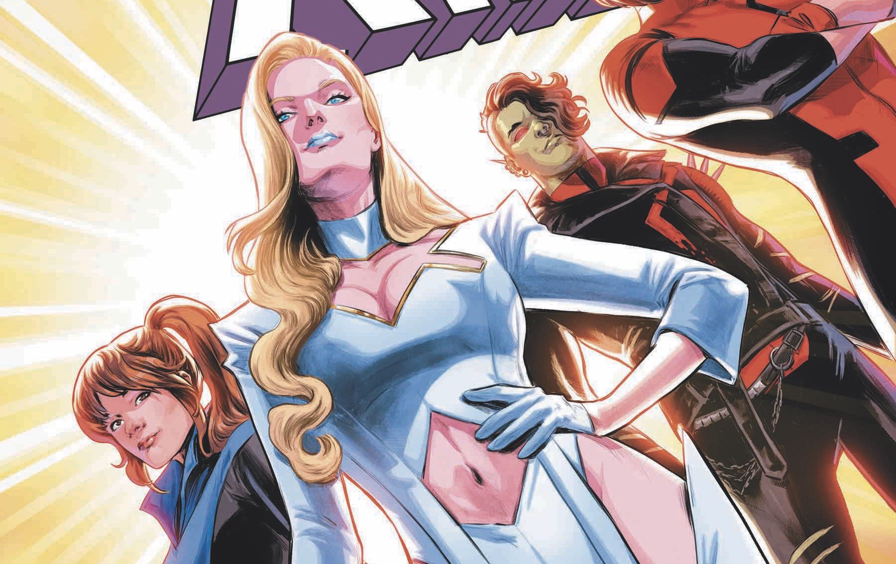 Bronze, Kate Pryde, Emma Frost, Axo, and Melee on the cropped cover of Exceptional X-Men by Eve L. Ewing Vol. 1: Duty Calls