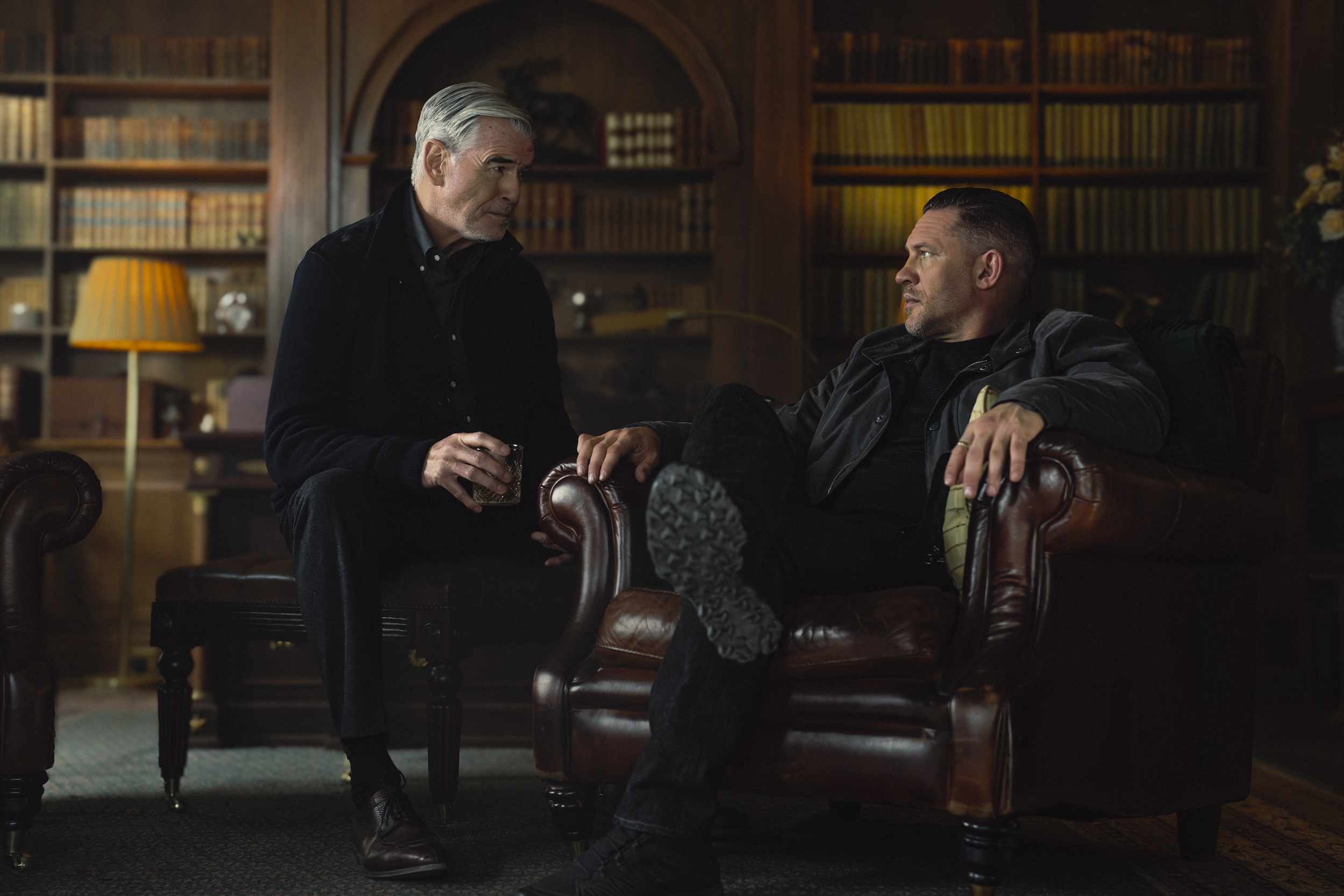 L-R Pierce Brosnan as Conrad Harrigan and Tom Hardy as Harry Da Souza in MOBLAND, episode 8, season 1