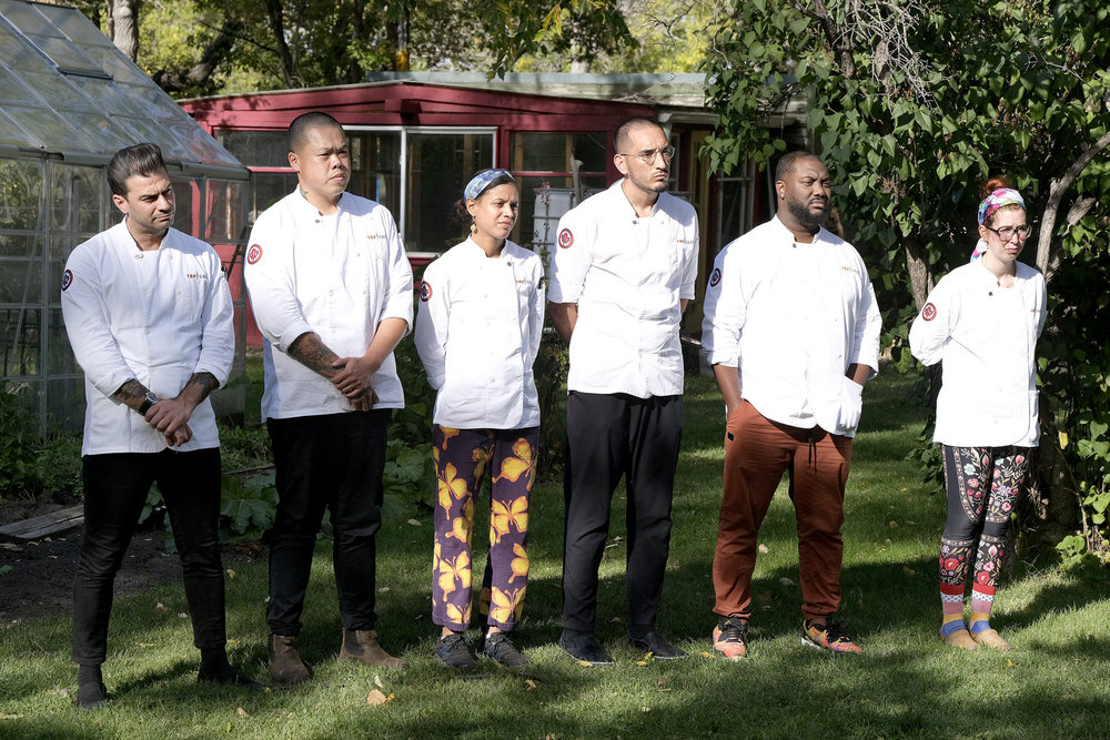 TOP CHEF -- "Calgary, Yahoo!" Episode 2211 -- Pictured: (l-r) Massimo Piedimonte, Shuai Wang, Lana Lagomarsini, César Murillo, Tristen Epps, Bailey Sullivan