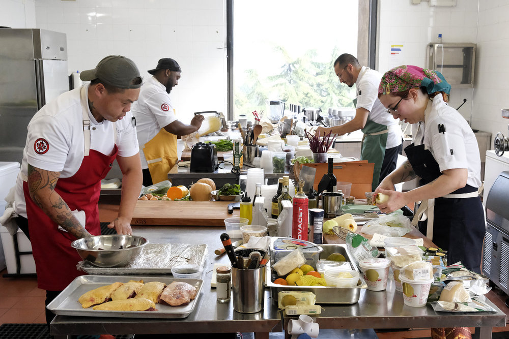 TOP CHEF -- "Viva Milano!" Episode 2213 -- Pictured: (l-r) Shuai Wang, Tristen Epps, César Murillo, Bailey Sullivan