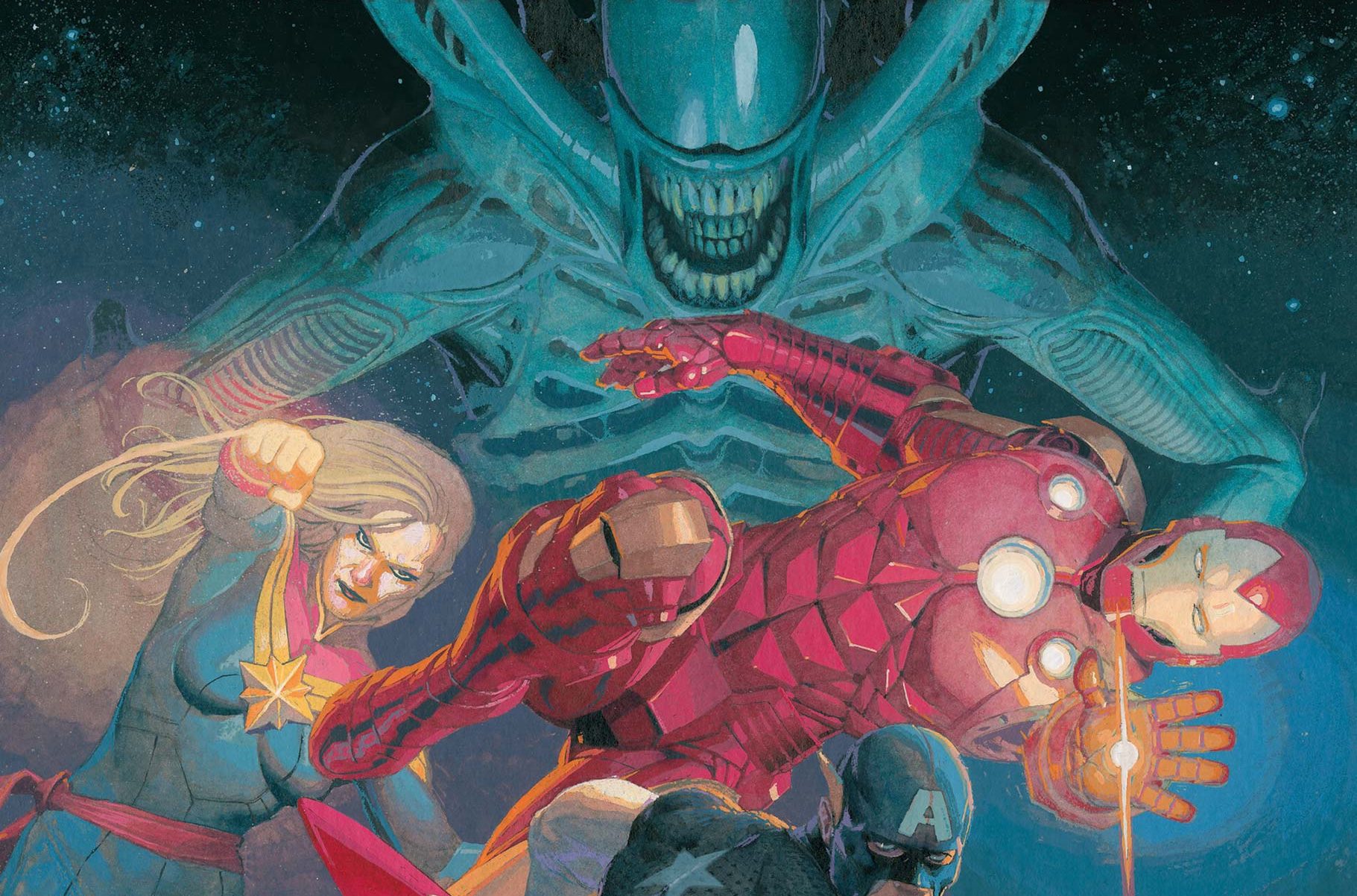 Captain Marvel, Iron Man, & Captain America battle pose in front of a Xenomorph on the cropped cover art of 'Aliens Vs. Avengers' #1 (2024)