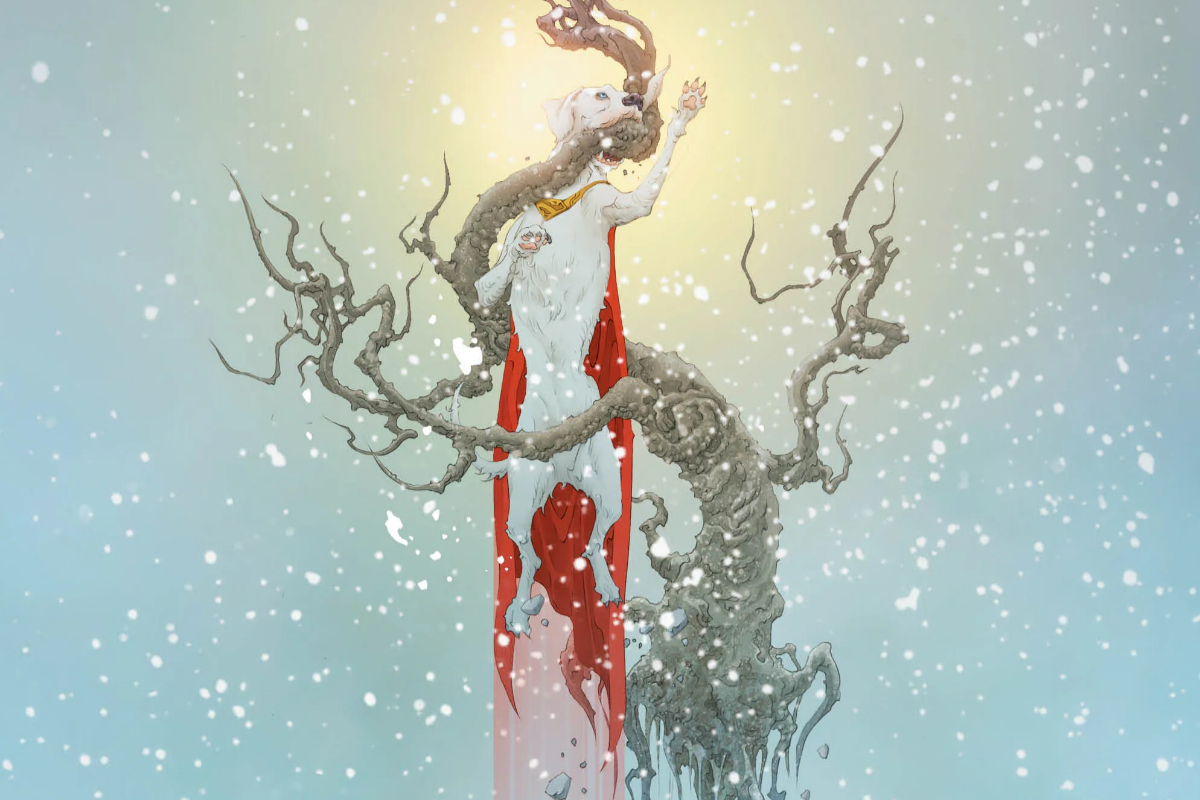 Krypto carrying a tree while flying in Krypto: The Last Dog of Krypton #3