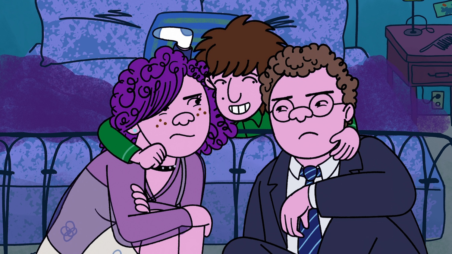 Long Story Short (L to R) Abbi Jacobson as Shira Schwooper, Ben Feldman as Avi Schwooper and Max Greenfield as Yoshi Schwooper in Long Story Short.