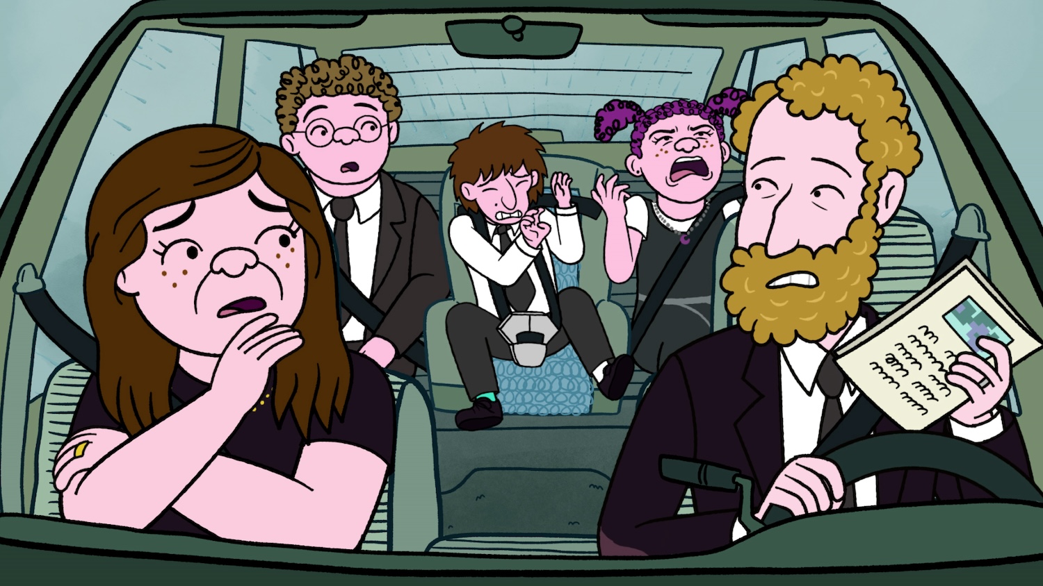 Long Story Short (L to R) Lisa Edelstein as Naomi Schwartz, Ben Feldman as Avi Schwooper, Max Greenfield as Yoshi Schwooper, Abbi Jacobson as Shira Schwooper and Paul Reiser as Elliot Cooper in Long Story Short