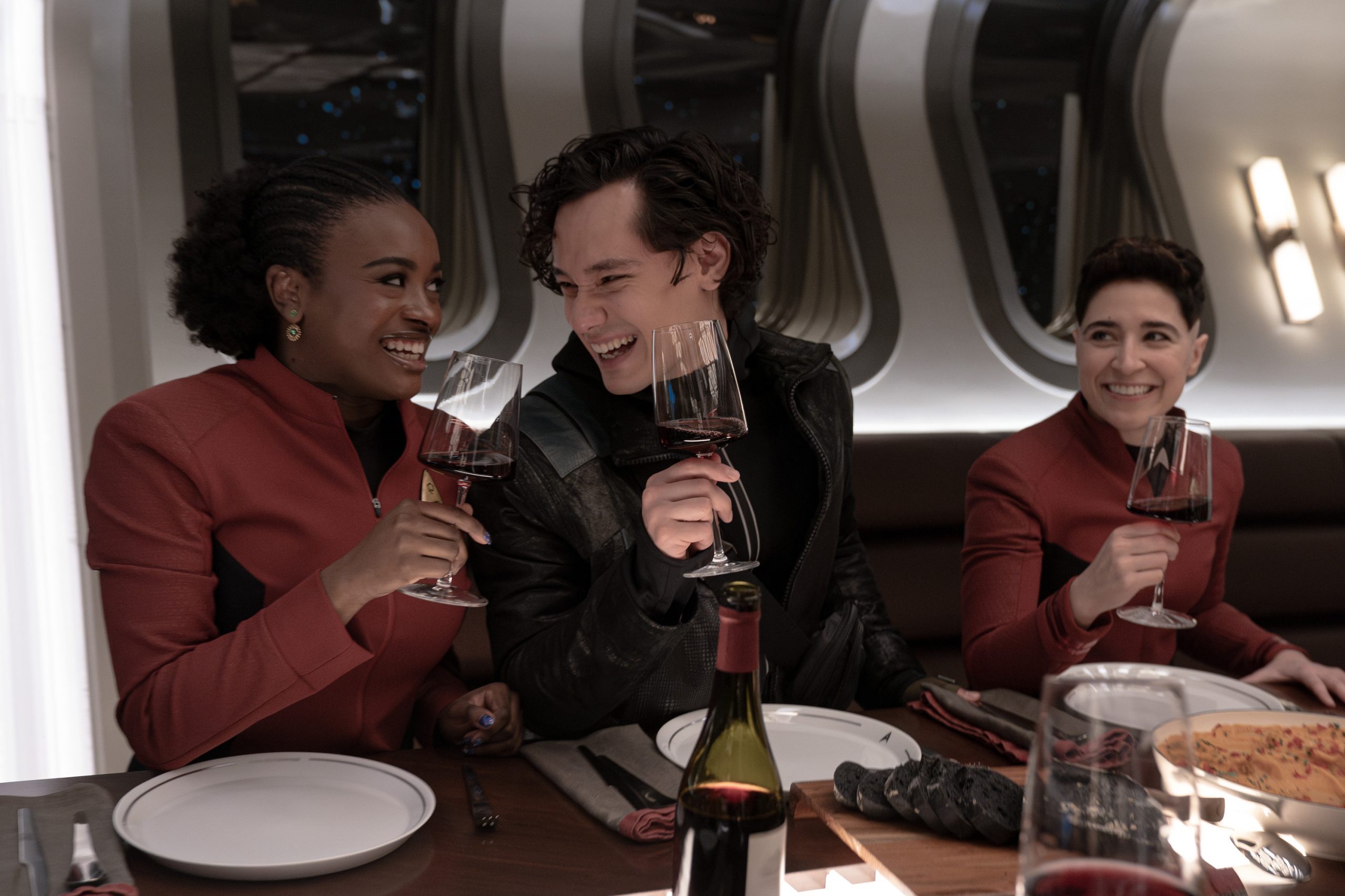 L to R Celia Rose Gooding as Uhura, Mynor Luken as Beto and Melissa Navia as Erica Ortegas in season 3 , Episode 7 of Strange New Worlds