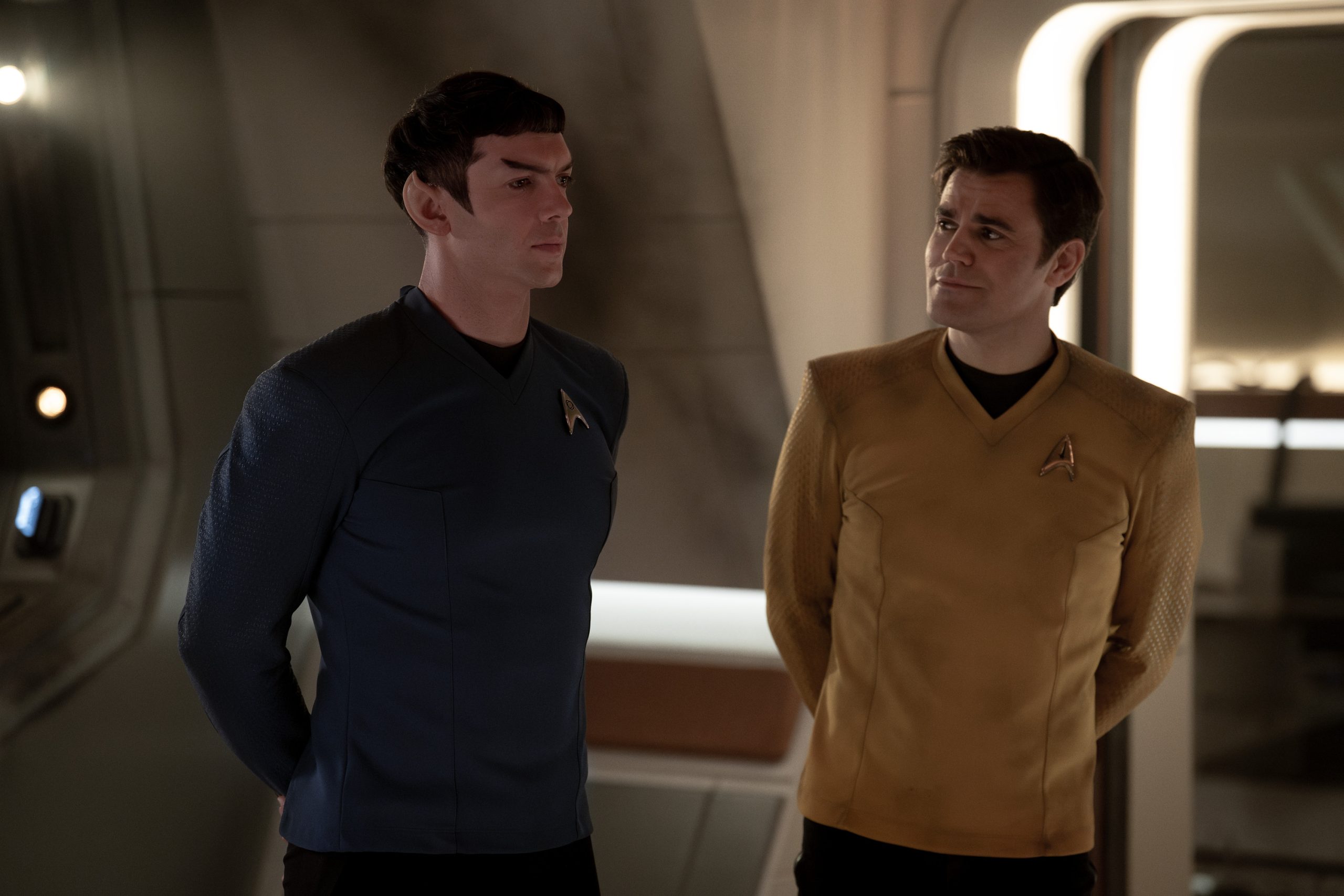 L to R Ethan Peck as Spock and Paul Wesley as Kirk in season 3 , Episode 6 of Strange New Worlds