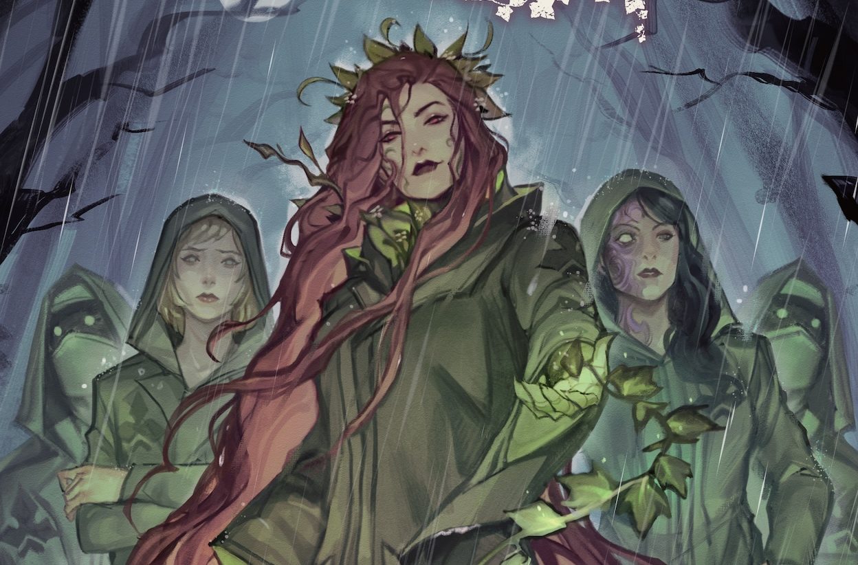 Poison Ivy stands triumphant as the new leader of the Order of the Green Knight with her followers gathered behind her