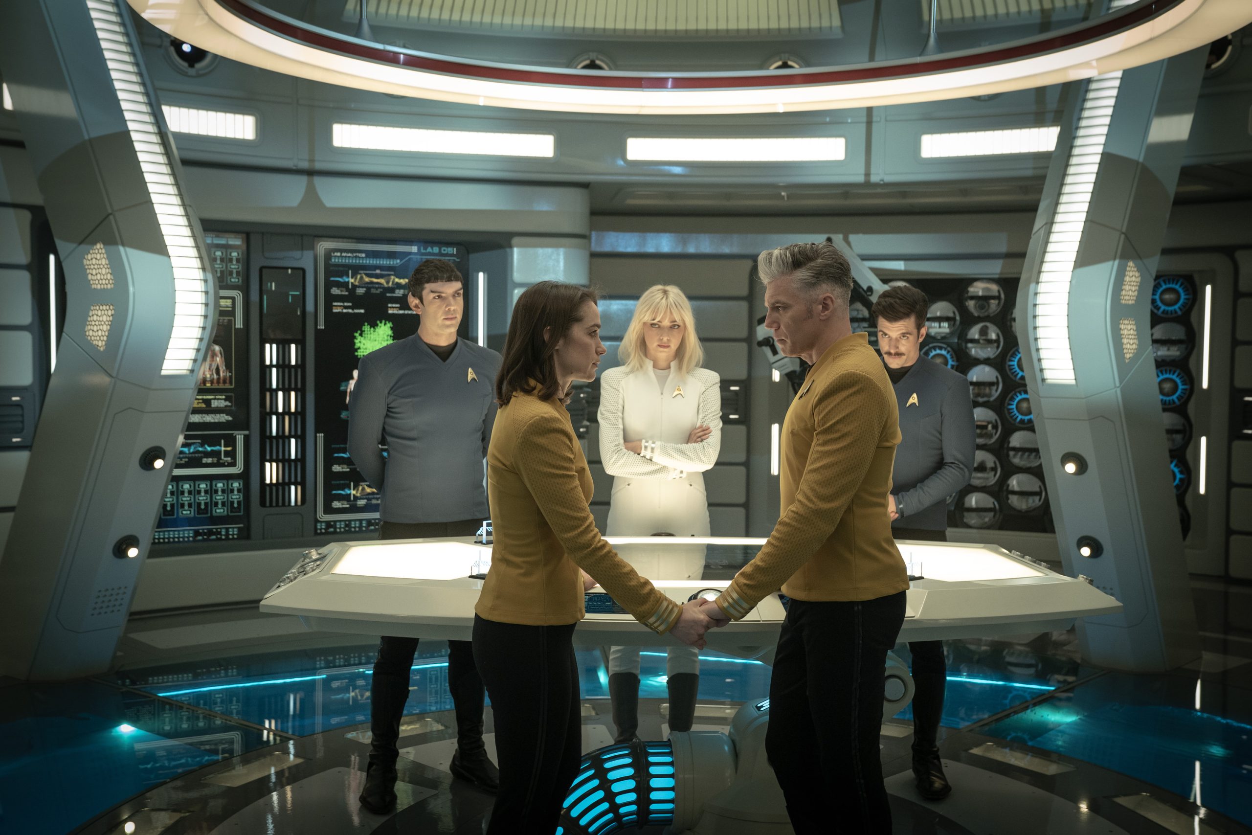 Ethan Peck as Spock, Melanie Scrofano as Batel, Jess Bush as Chapel, Anson Mount as Capt. Pike and Dan Jeanotte as Sam Kirk in season 3, Episode 10 of Star Trek: Strange New Worlds