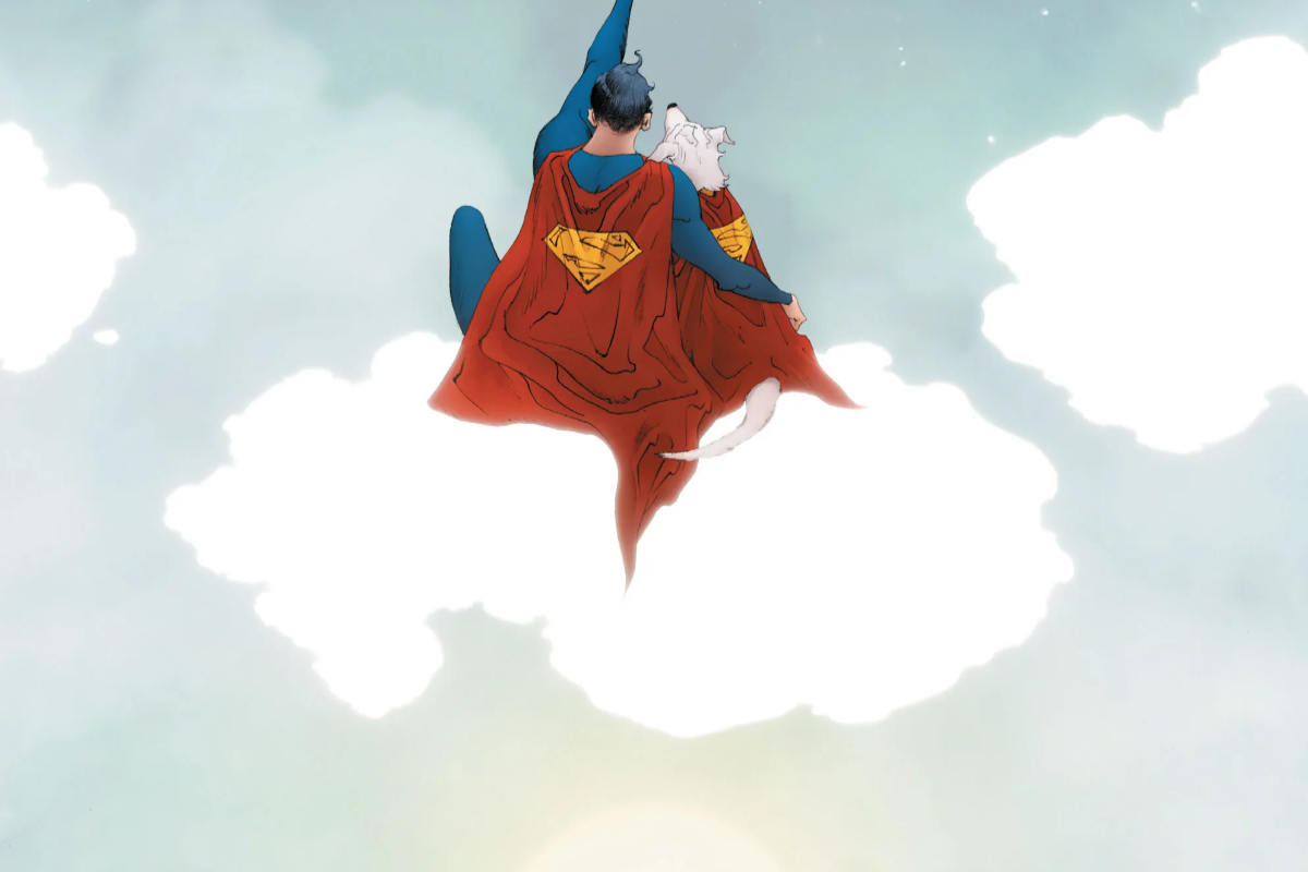 Superman and Krypto sit on a cloud