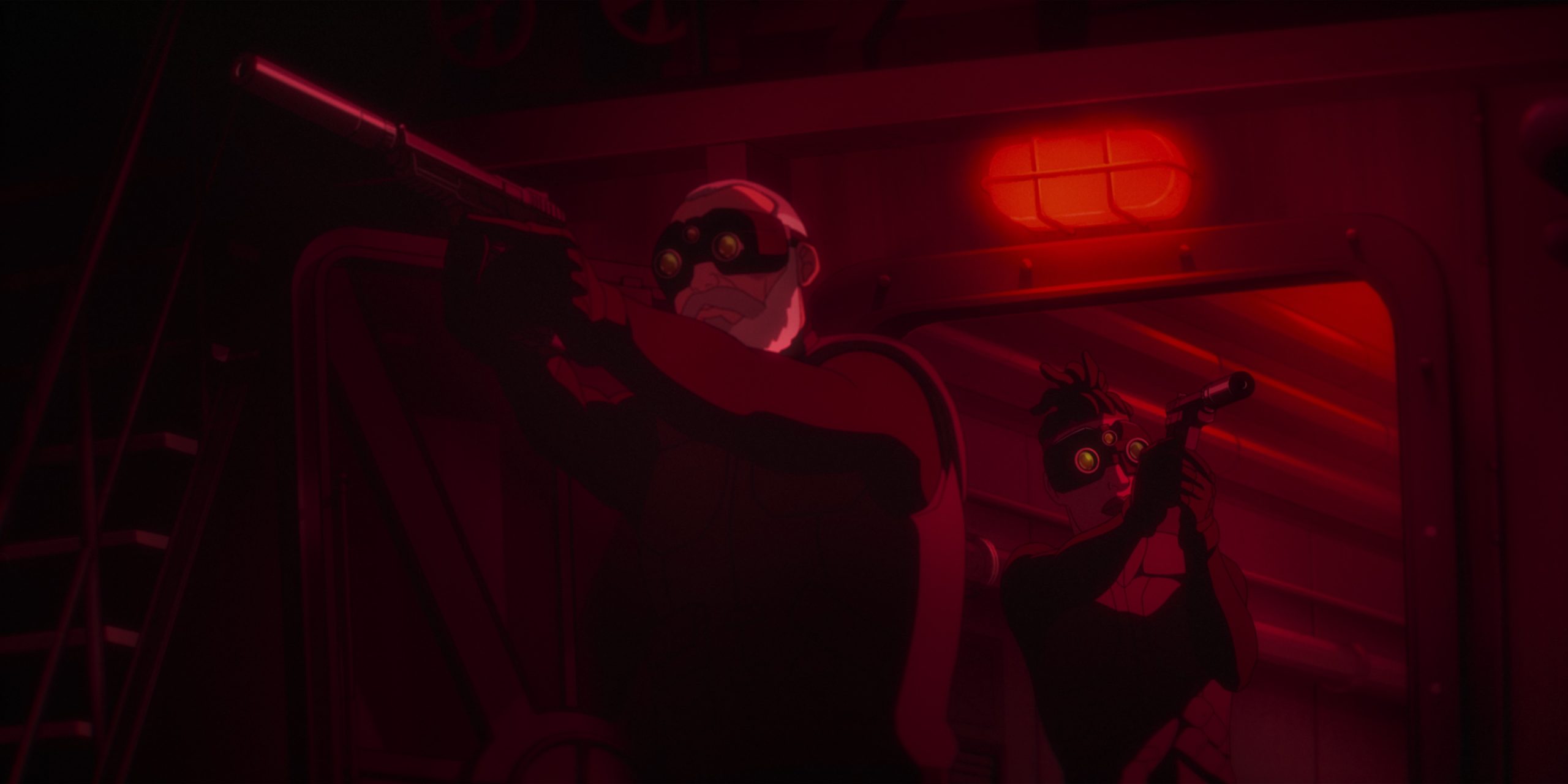 Liev Schreiber as Sam Fisher and Kirby as Zinnia McKenna in Splinter Cell: Deathwatch S1.