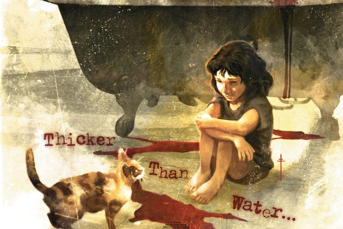 Young Selina Kyle and a cat sit next to a bathtub with blood on the floor in Catwoman 81