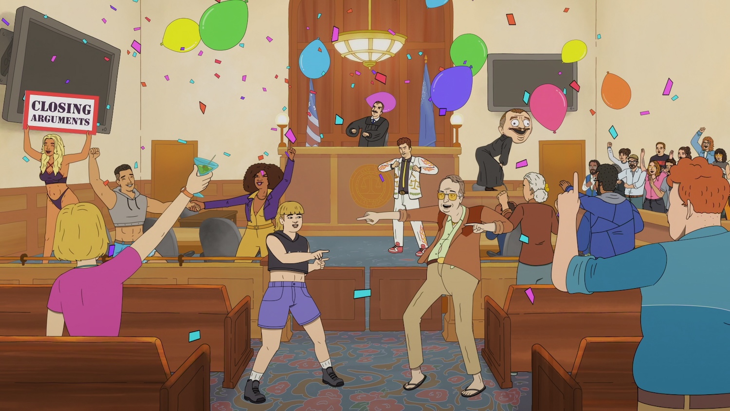 Strip Law S1. Janelle James as Sheila Flambe, Shannon Gisela as Irene Gumb, Adam Scott as Lincoln Gumb, ESQ., and Stephen Root as Glem Blorchman