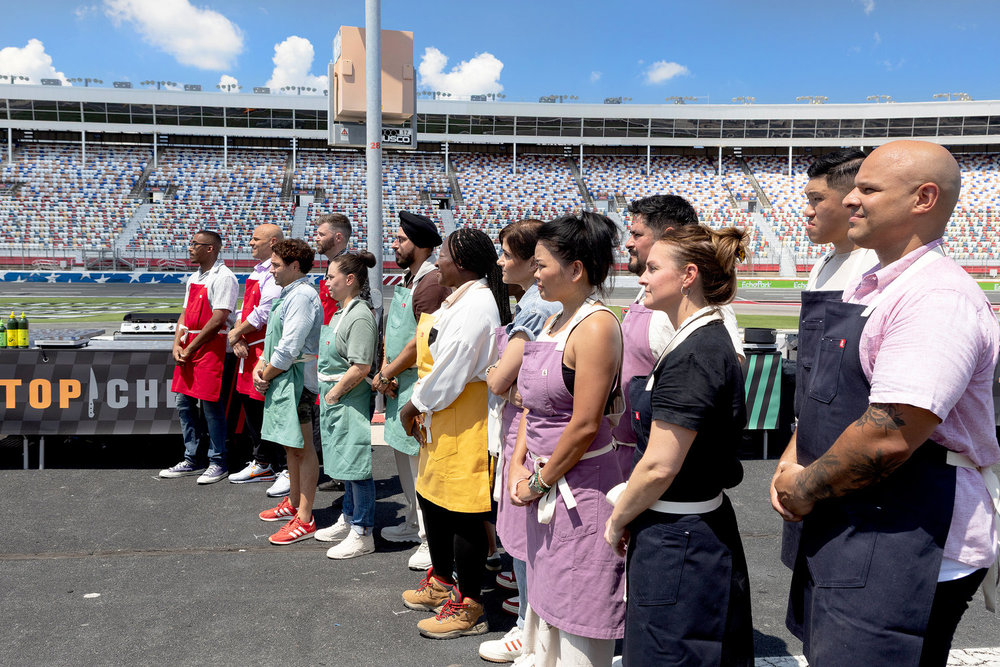 TOP CHEF -- "Carolina Roots" Episode 2301 -- Pictured: (l-r) Anthony Jones, Brandon Dearden, Justin Tootla, Sieger Bayer, Brittany Cochran, Jassi Brinda, Nana Araba Wilmot, Sherry Cardoso, Rhoda Magbitang, Oscar Diaz, Jennifer Jackson, Laurence Louie, Jonathan Dearden