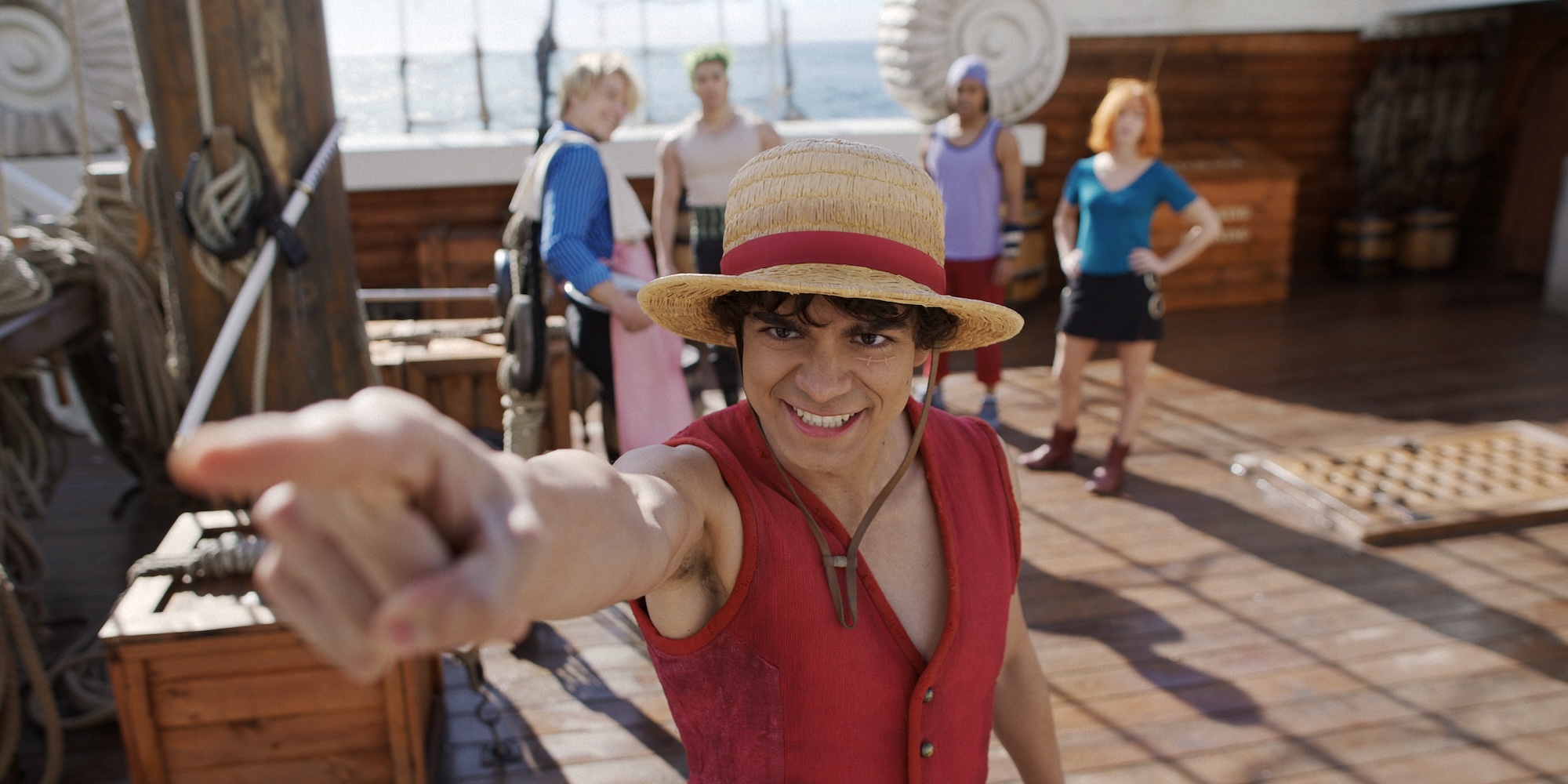 TV picks - One Piece. (L to R) Taz Skylar as Sanji, Mackenyu as Roronoa Zoro, Iñaki Godoy as Monkey D. Luffy, Jacob Romero as Usopp, Emily Rudd as Nami