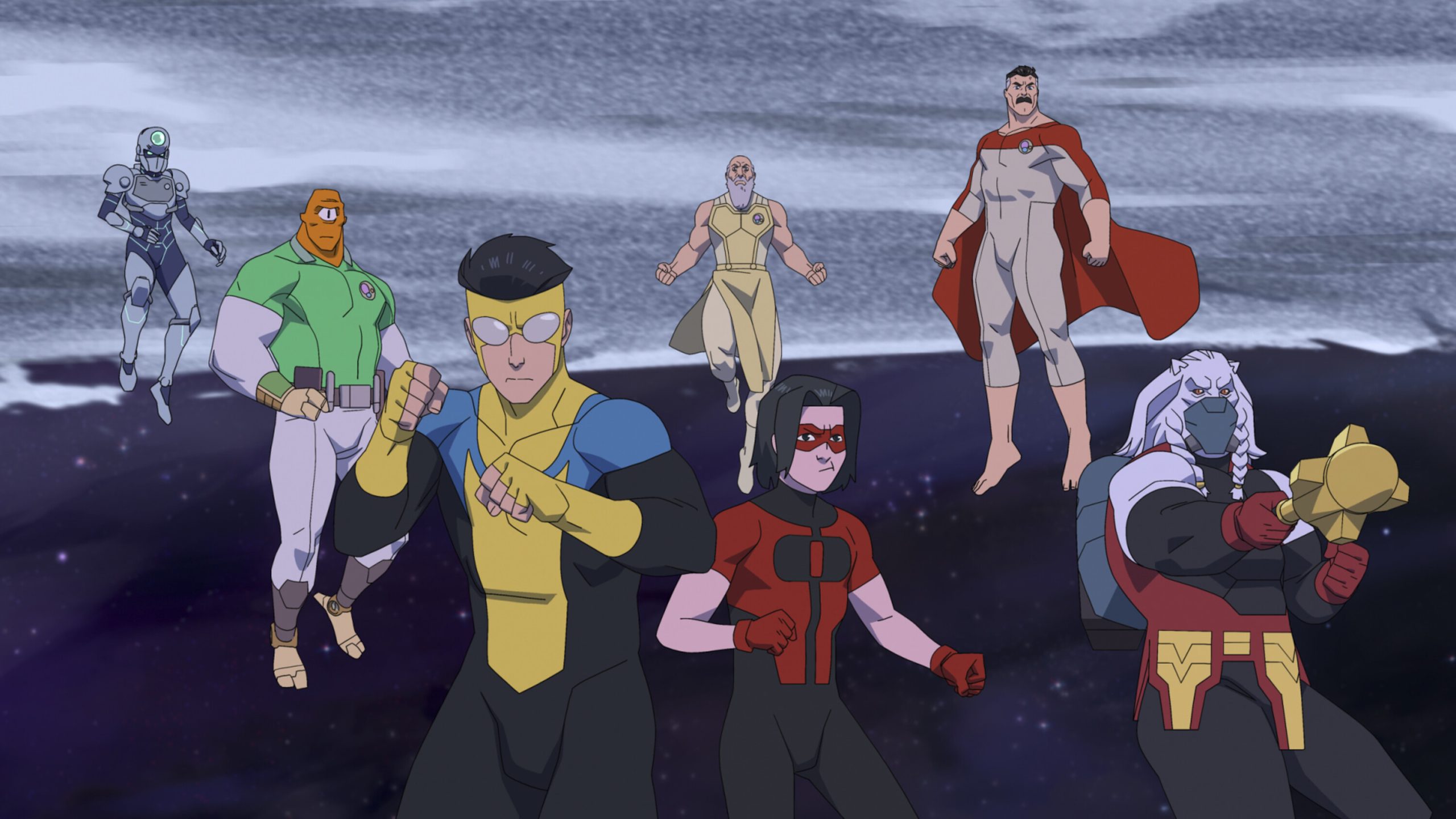 Invincible - Tech Jacket, Allen The Alien (Seth Rogen), Invincible (Steven Yeun), Great Thaedus (Peter Cullen), Oliver Grayson (Christian Convery), Omni-Man (JK Simmons), Battle Beast (Michael Dorn)