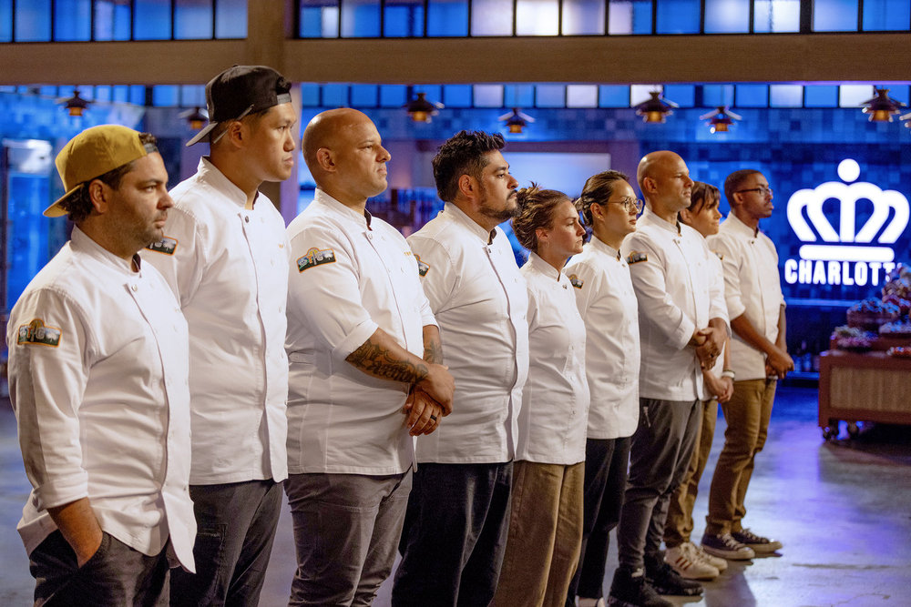 TOP CHEF -- "Desserts Fit for a Queen" Episode 2307 -- Pictured: (l-r) Justin Tootla, Laurence Louie, Jonathan Dearden, Oscar Diaz, Jennifer Jackson, Duyen Ha, Brandon Dearden, Sherry Cardoso, Anthony Jones