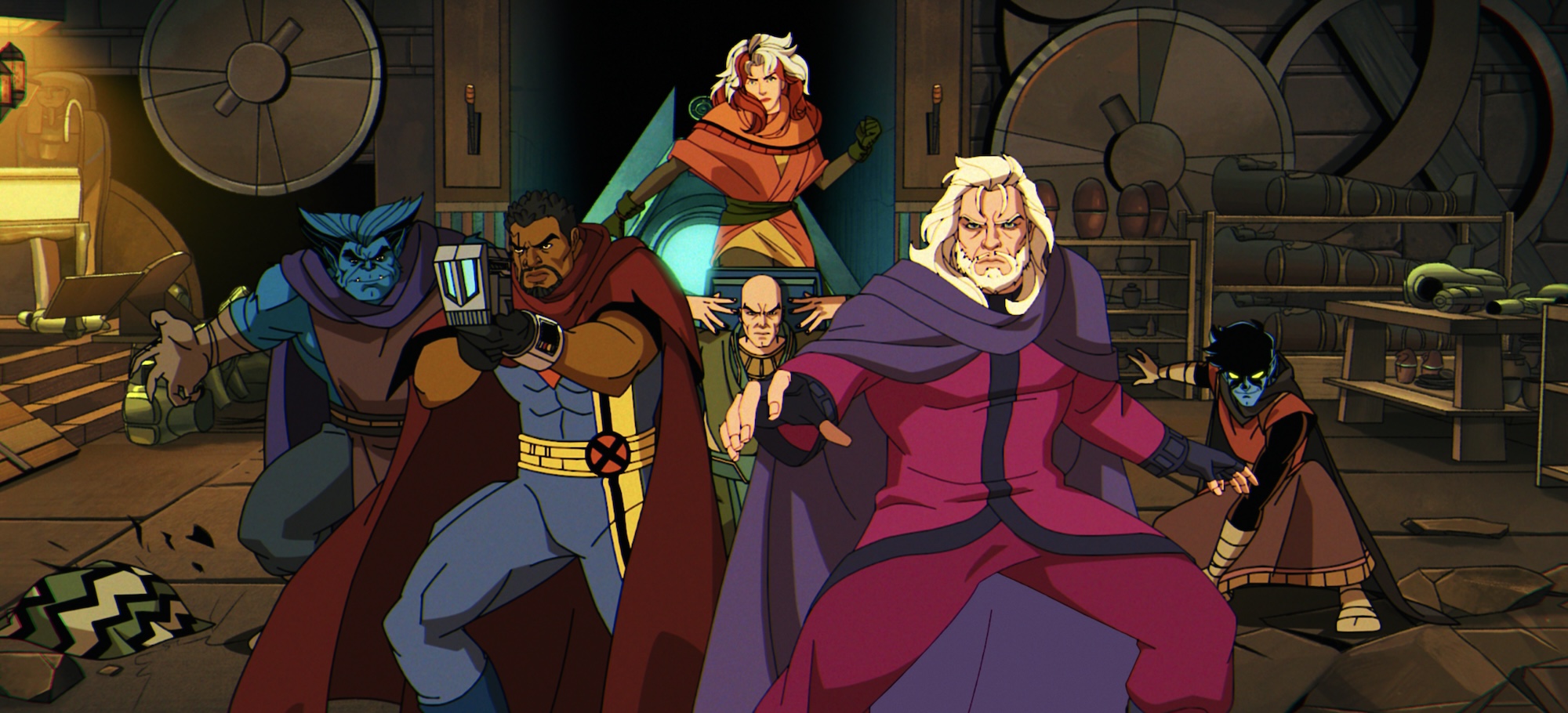 (L-R): Beast (voiced by George Buza), Bishop (voiced by Isaac Robinson-Smith), Rogue (voiced by Lenore Zann), Professor X (voiced by Ross Marquand), Magneto (voiced by Matthew Waterson), and Nightcrawler (voiced by Adrian Hough) in Marvel Animation's X-MEN '97 Season 2