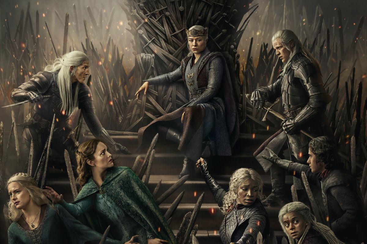 Queen Rhaenyra Targaryen sits on the Iron Throne in House of the Dragon.
