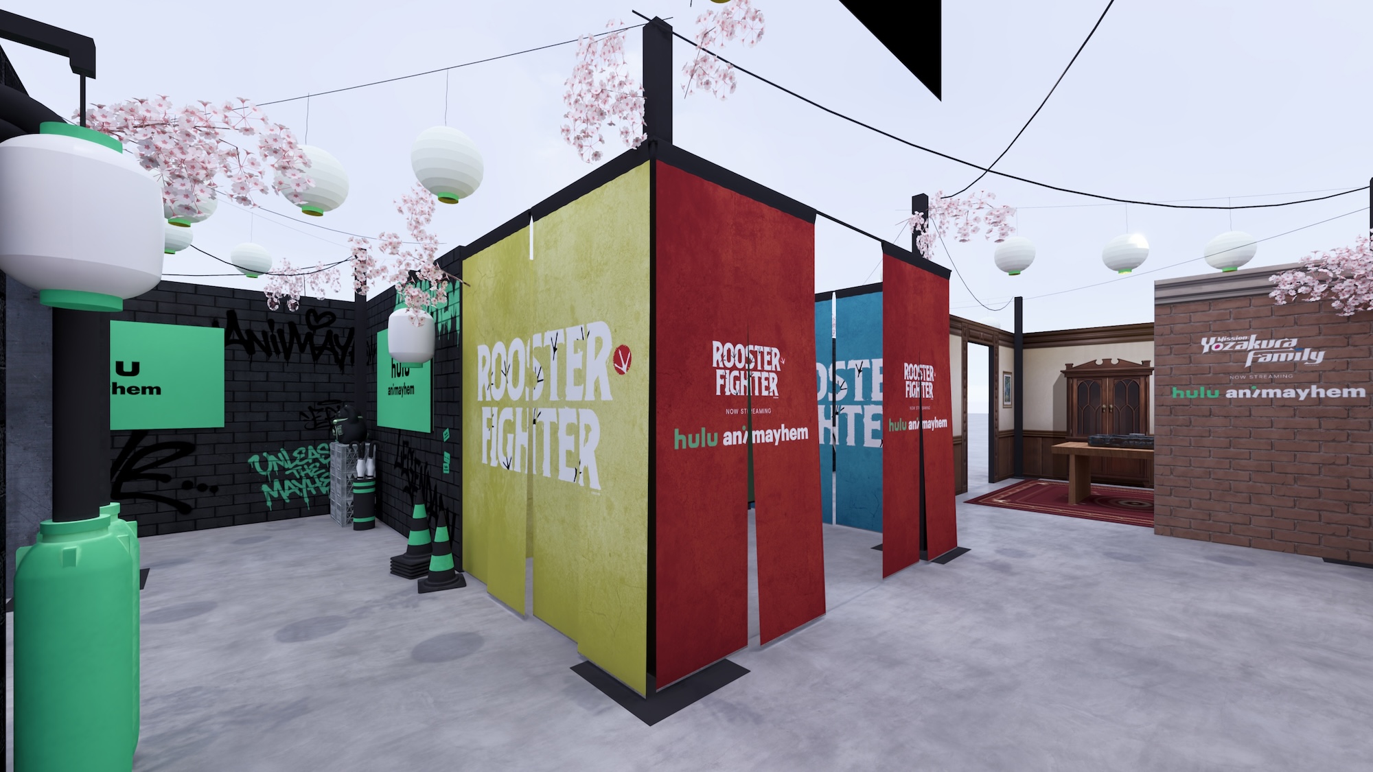 Render of Hulu Animayhem booth at Anime Expo 2026 - Rooster Fighter interior