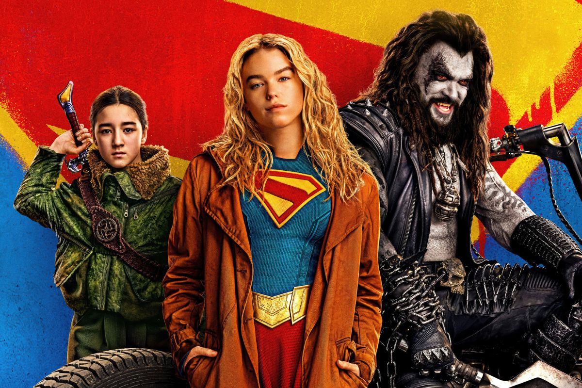 Milly Alcock as Kara Zor-El with Eve Ridley and Jason Momoa as Ruthye and Lobo respectively in Supergirl.